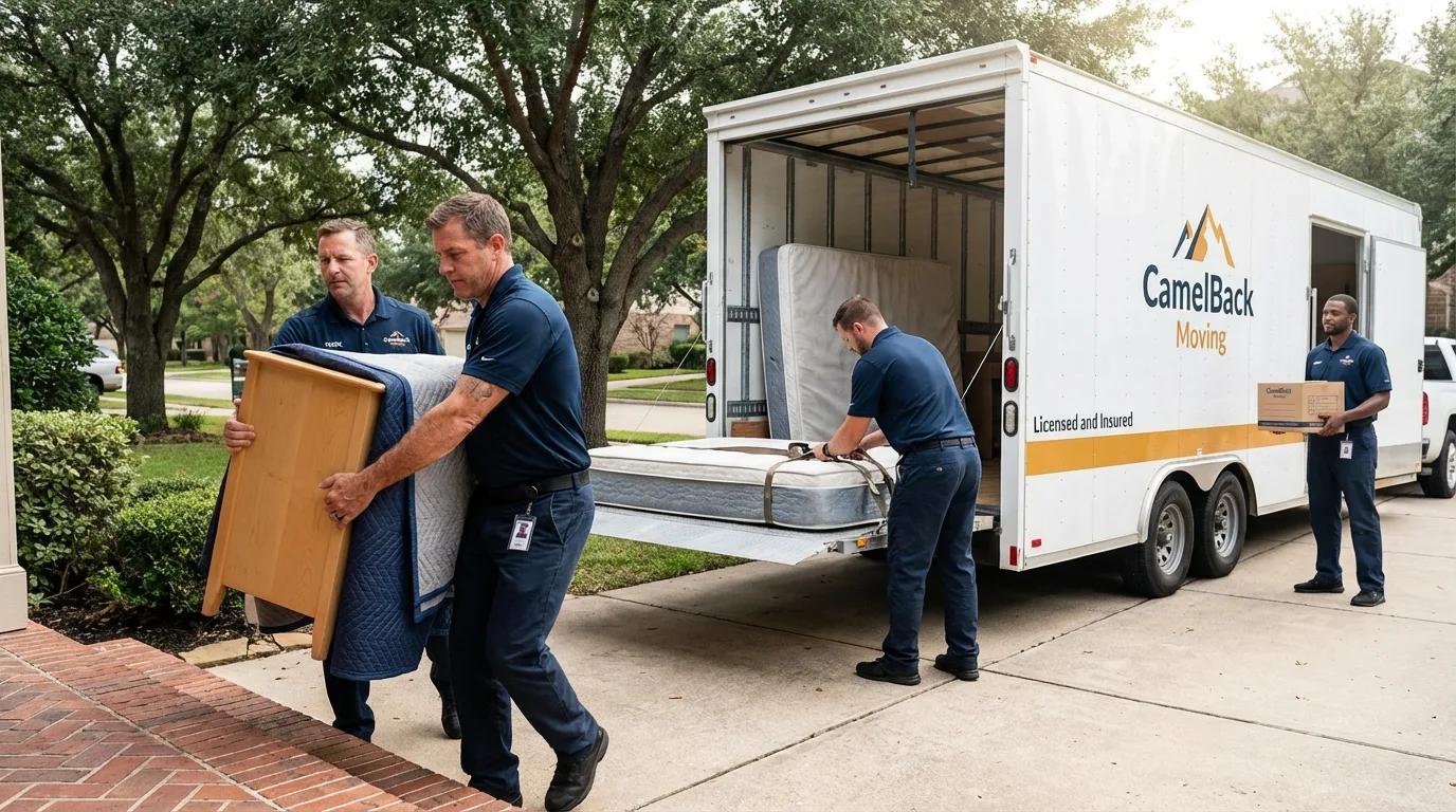 Crew loading residential truck for cross-state move from El Monte, CA
