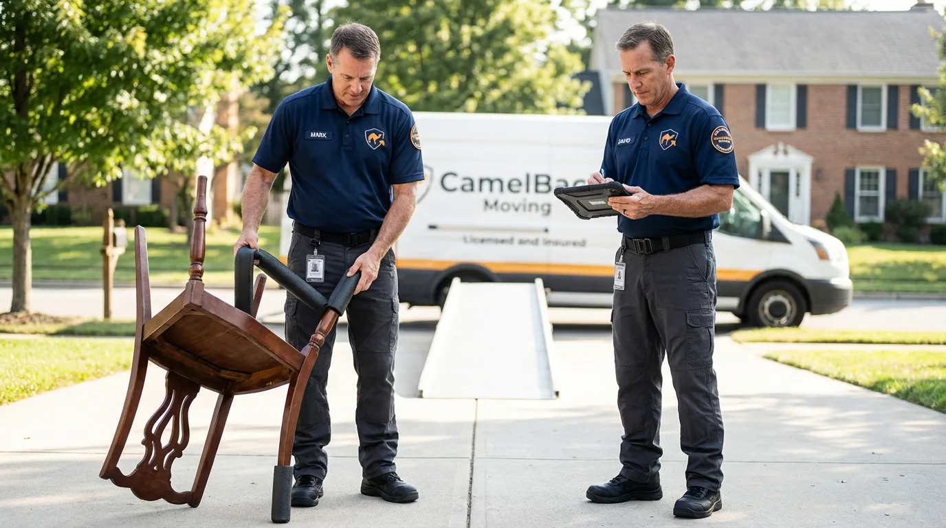 Movers inspecting furniture for damage prevention before loading in El Monte, CA