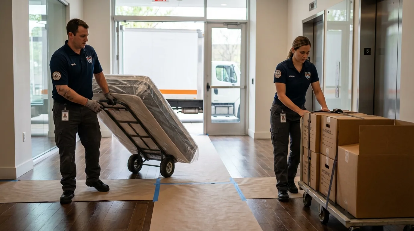 Professional apartment movers loading elevator in El Monte, CA